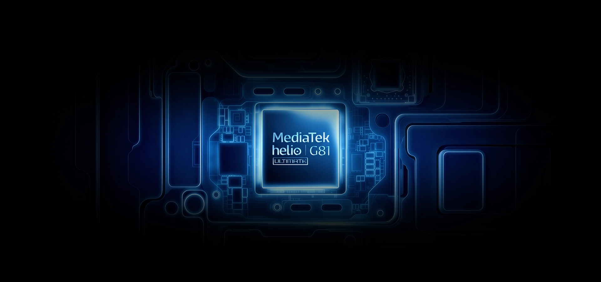 MediaTek Helio G81 Ultimate chip on a blue illuminated circuit board