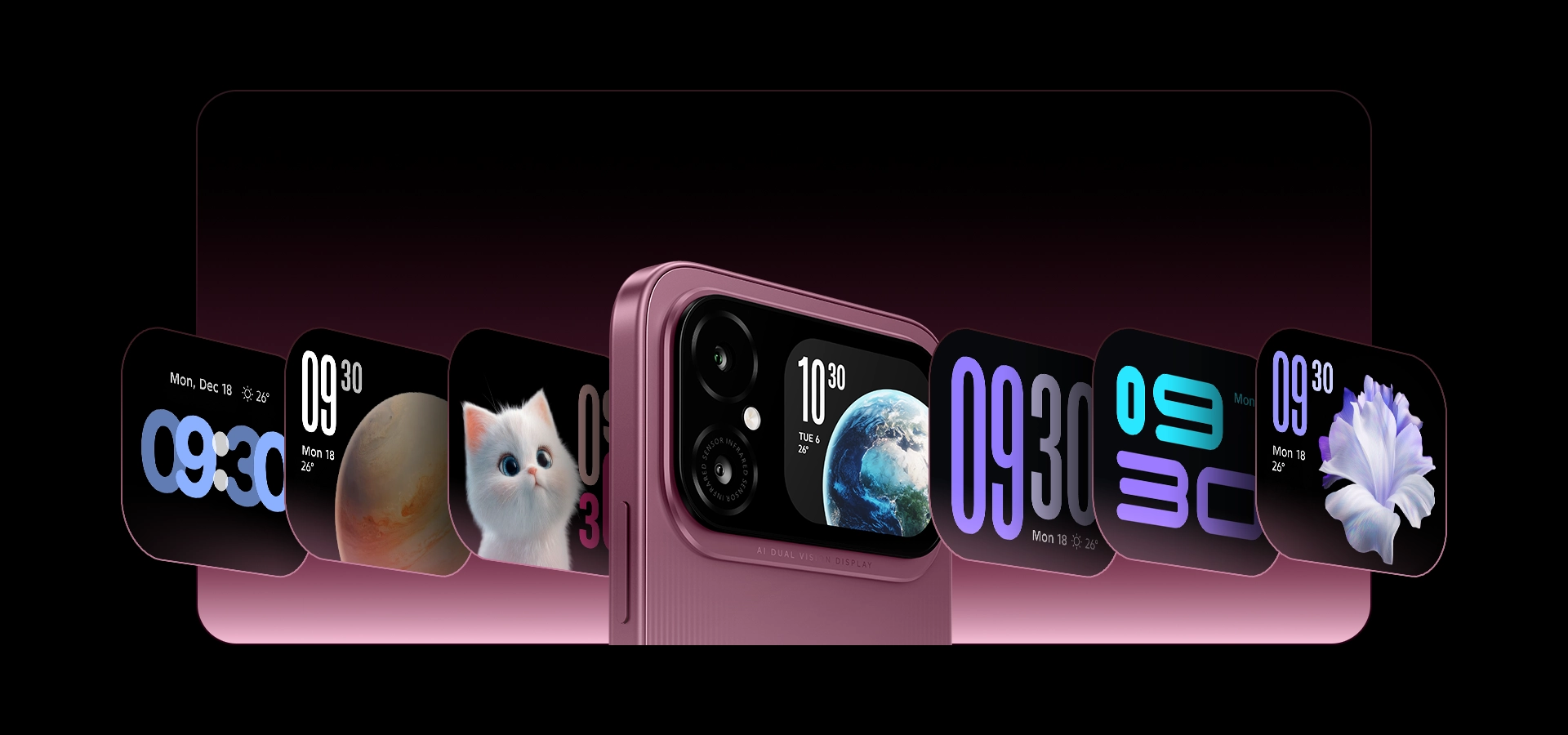 A300+ rear screen with personalized clock, planet, kitten and floral wallpapers