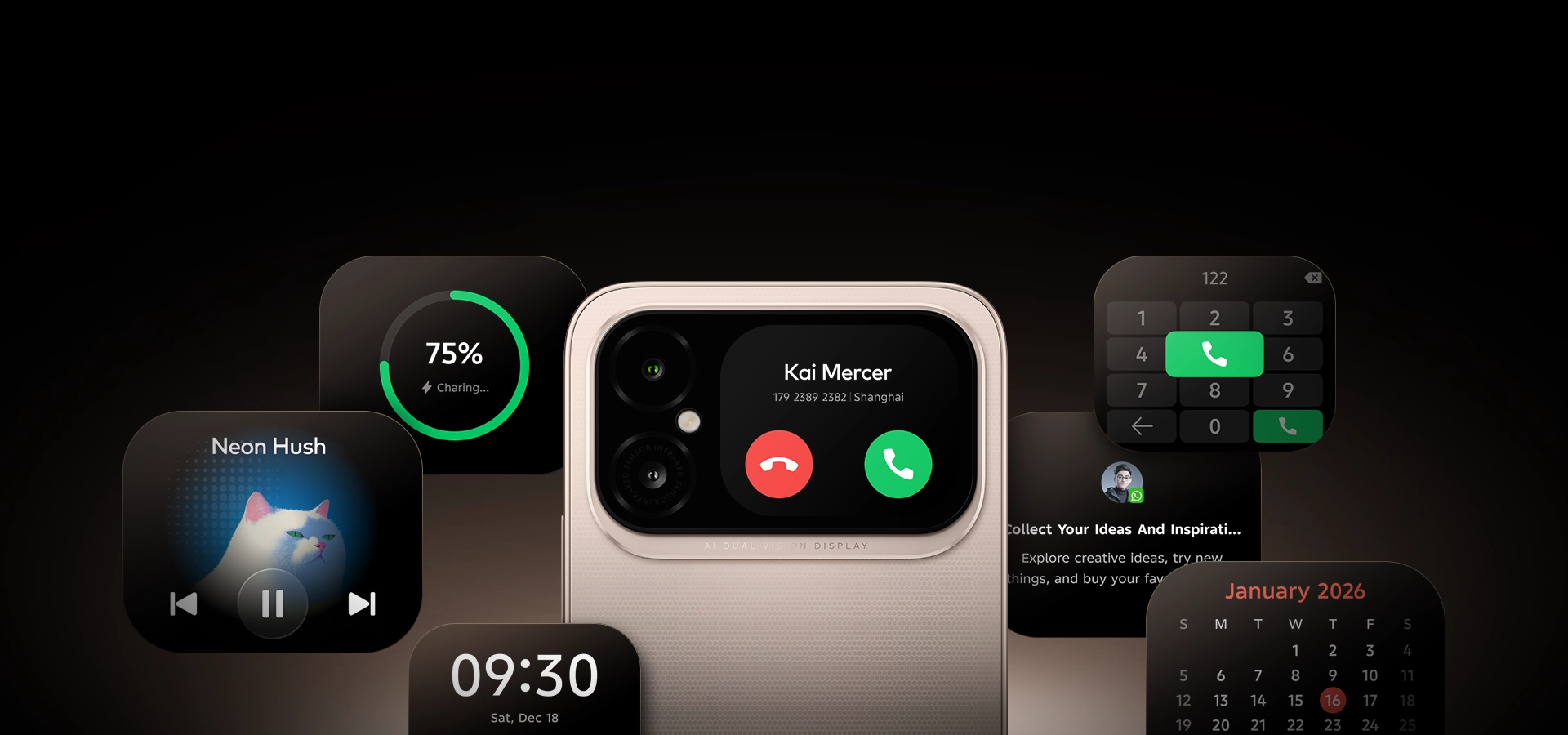 A300+ rear screen showing calls, music, charging, notifications, a clock and a calendar