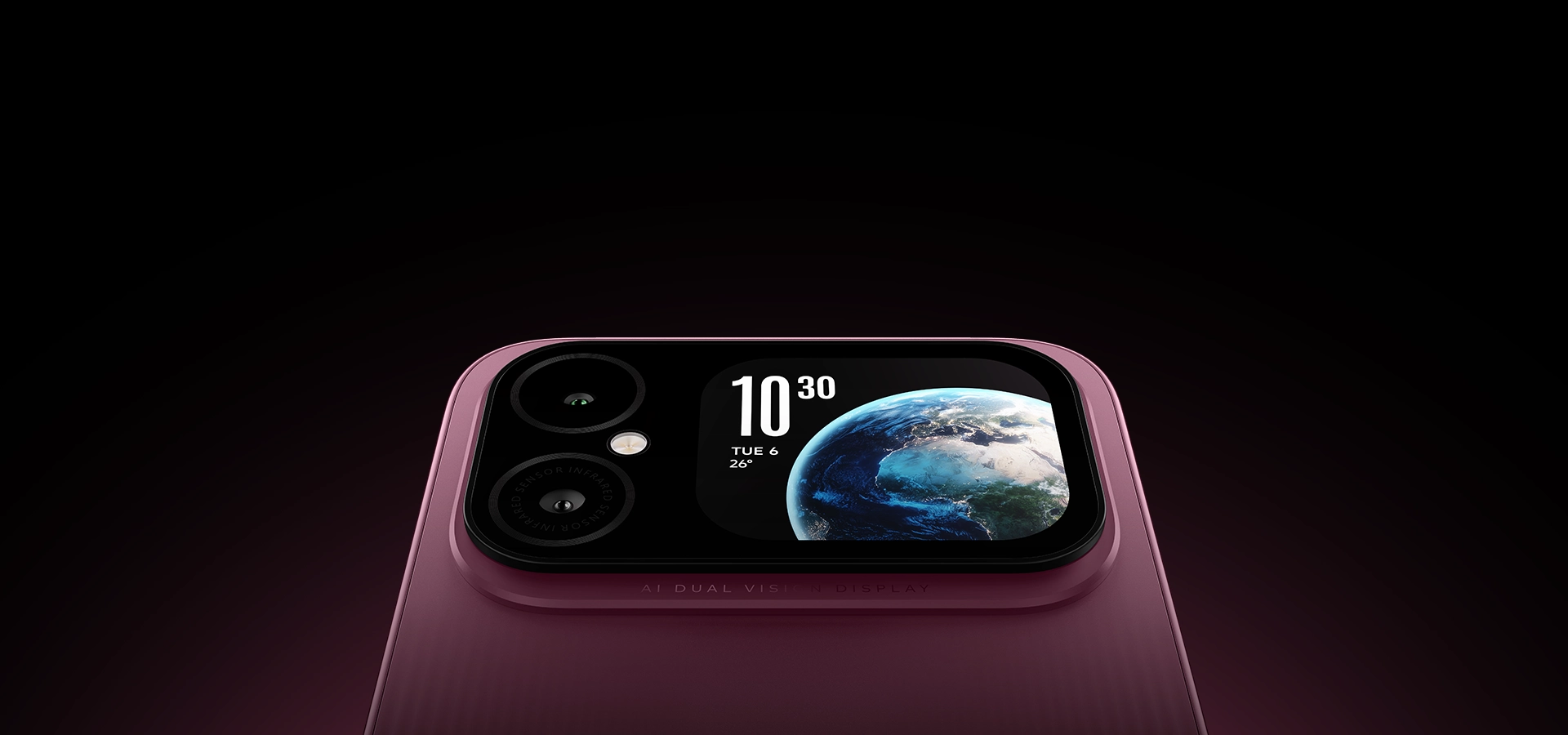 A300+ interactive rear screen showing the time, weather and an Earth wallpaper